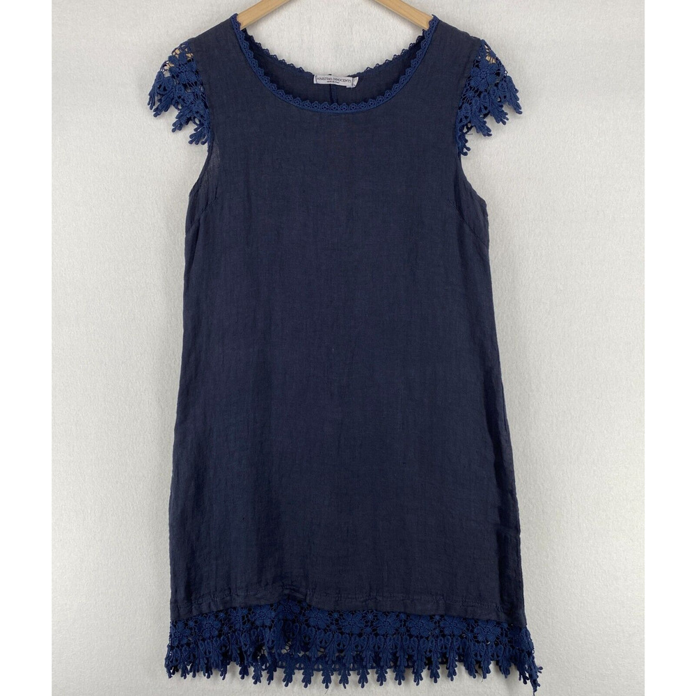MARTINA INNOCENTI Dress S Linen Shift Crochet Lace Trim Cap Sleeve Blue Italy